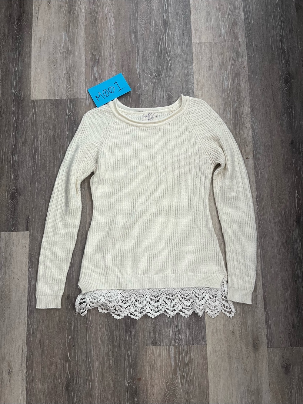 Hippie Rose Womens Crochet Lace Hem Sweater Size S Ivory Cream Raglan Knit Boho